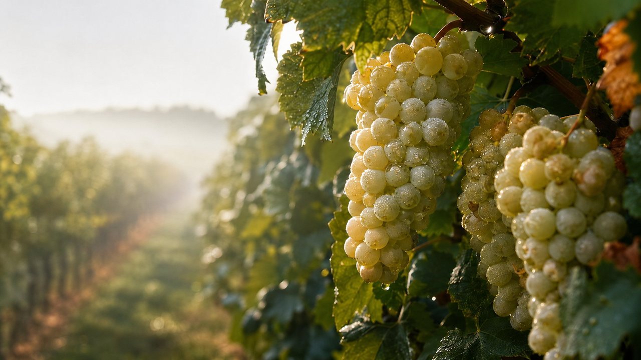 Cacho de uvas brancas com orvalho na videira, ao amanhecer
