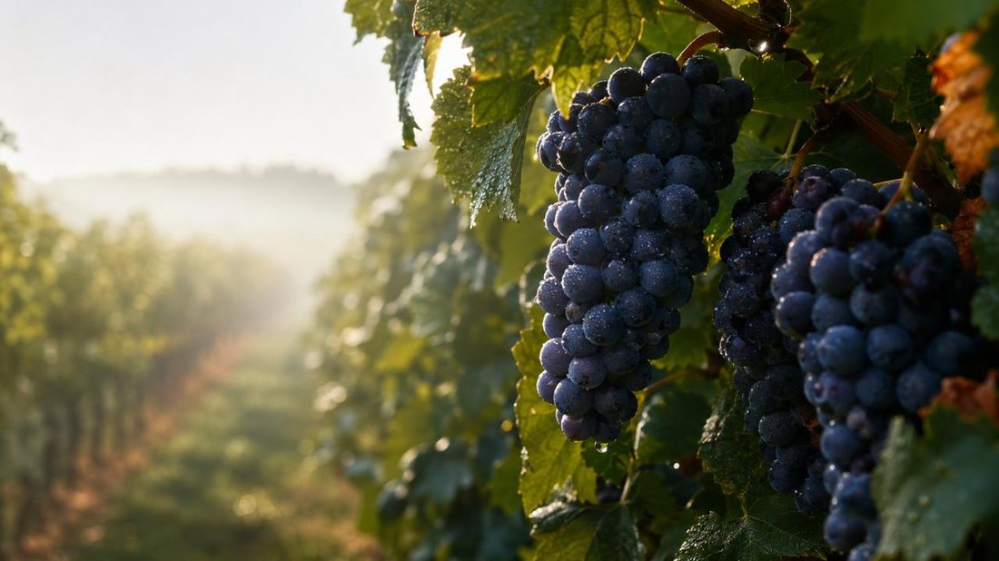Cachos de uvas tintas com orvalho na videira, ao amanhecer