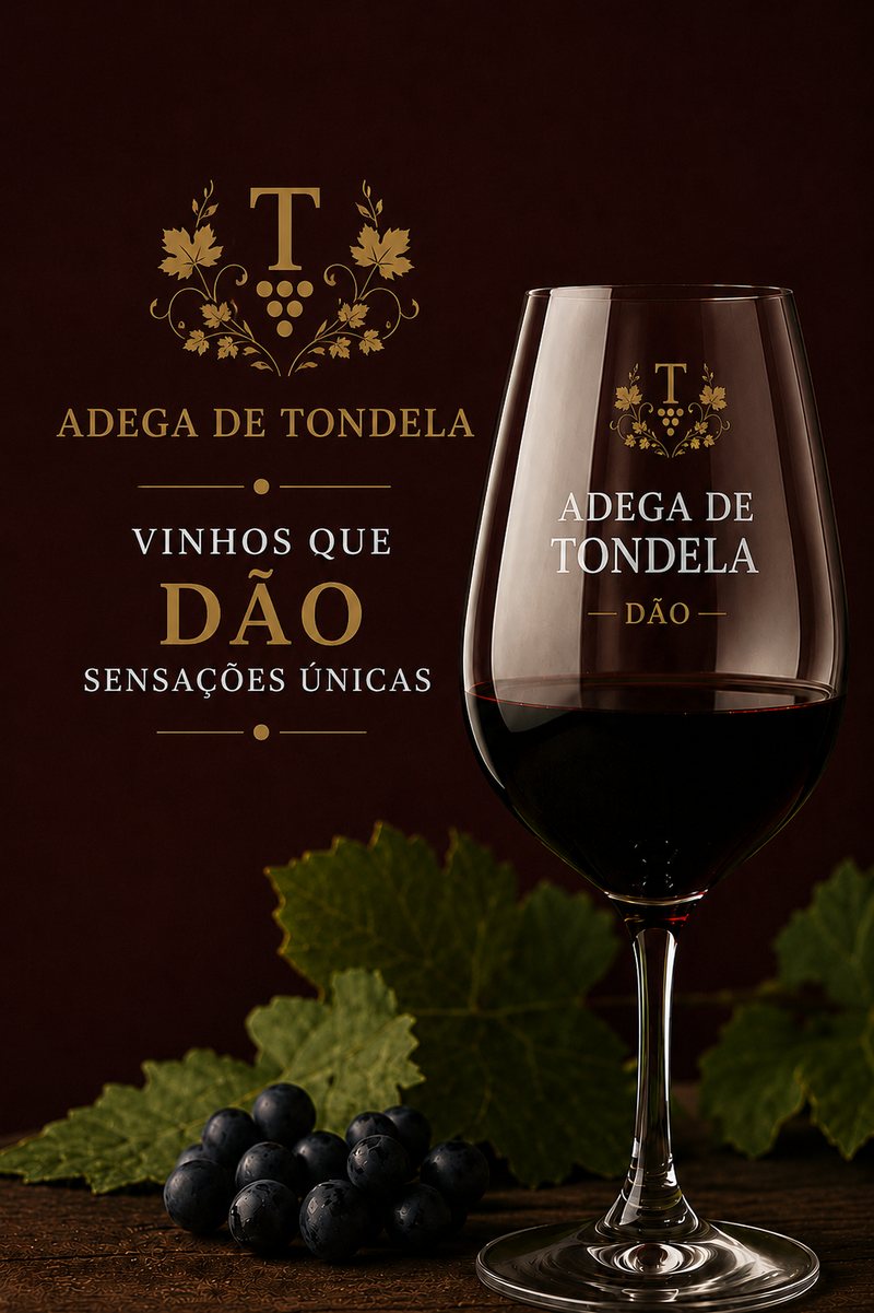 Copo de vinho tinto gravado com o emblema Adega de Tondela
