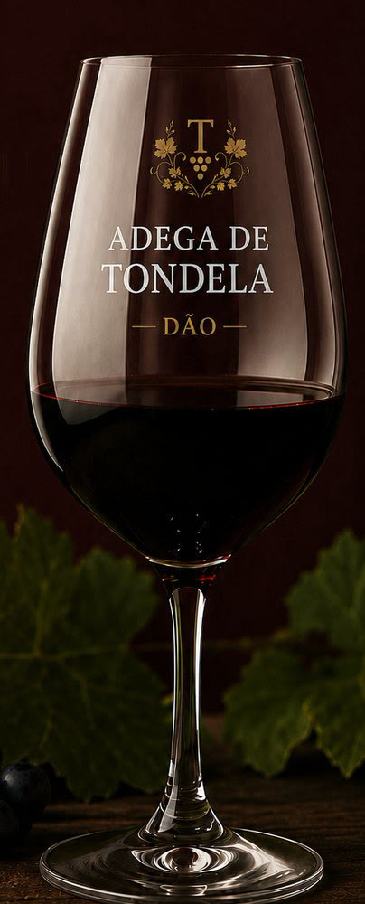 Copo de vinho tinto gravado com o emblema Adega de Tondela