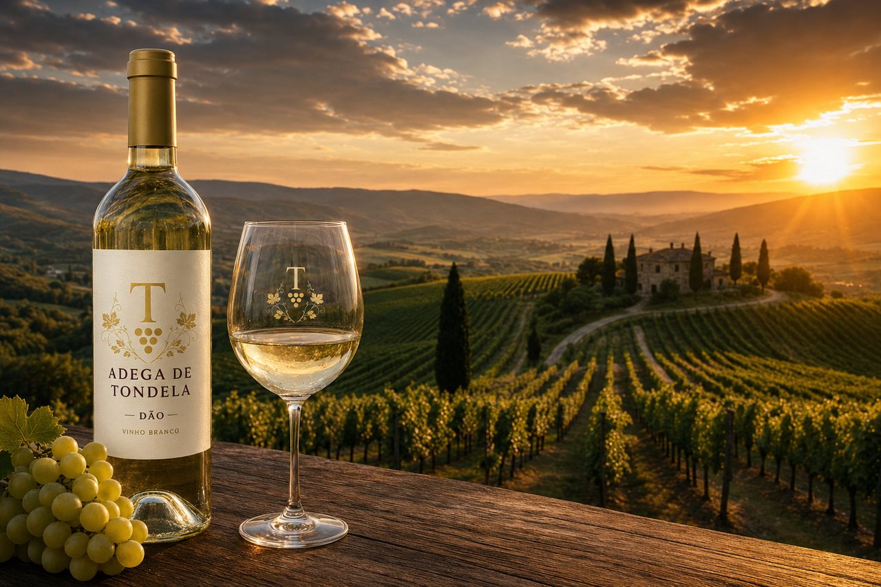 Copo de vinho branco gravado com o emblema Adega de Tondela, ao pôr do sol sobre a vinha