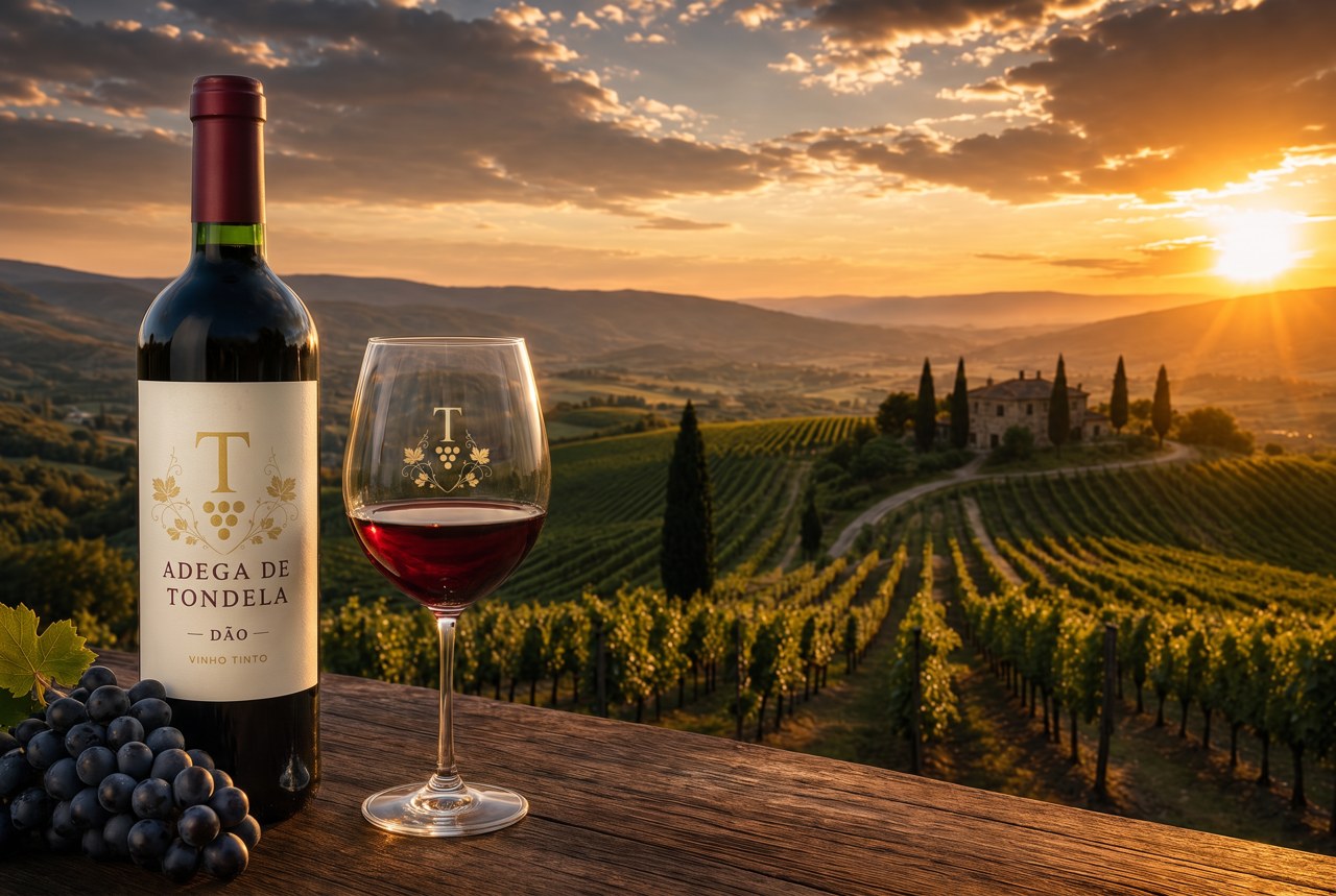 Garrafa e copo de vinho tinto gravados com o emblema Adega de Tondela, ao pôr do sol sobre a vinha