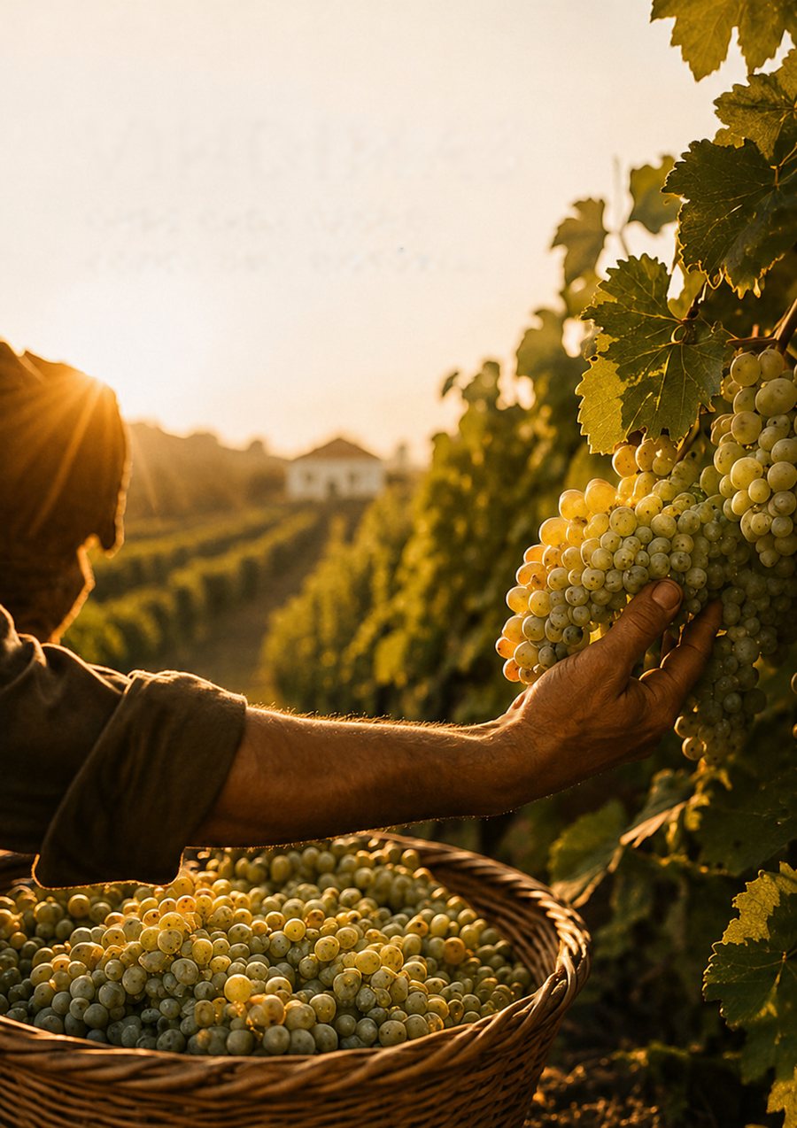 Vindimador a colher uvas para um cesto de verga ao pôr do sol