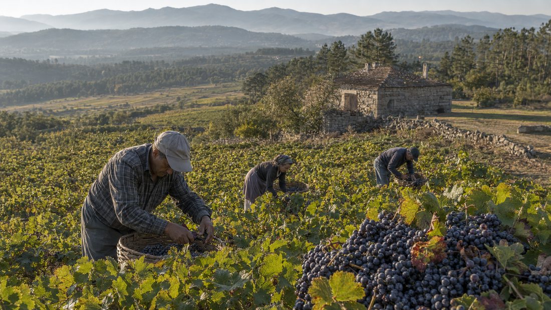 Vindima de uvas tintas junto a casa de granito, com cestos cheios em primeiro plano